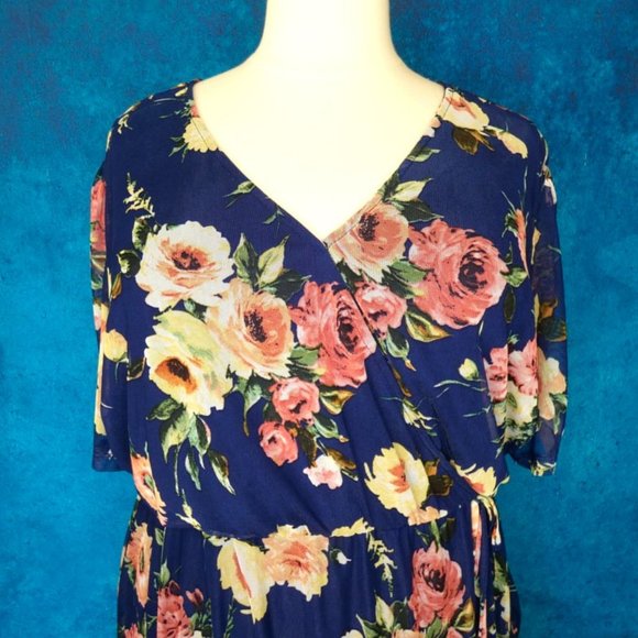 NWT AVLN Navy Floral Faux Wrap Mesh Dress 3X - Picture 4 of 9